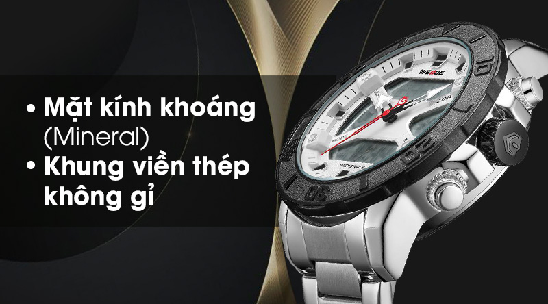 Đồng hồ nam Weide WH8503-2C có mặt kính trong suốt, khung viền bằng thép chống gỉ