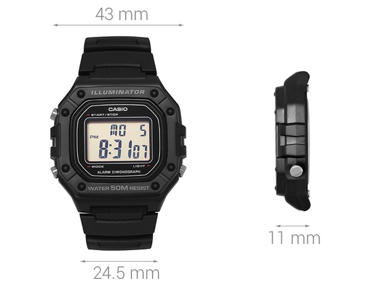 Đồng hồ CASIO 43 mm Nam W-218H-1AVDF Màu Đen