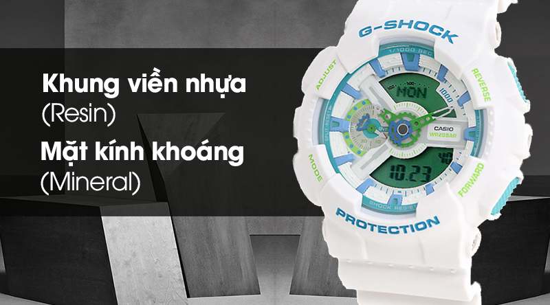 Đồng hồ nam G-Shock GA-110WG-7ADR có khung viền bằng nhựa Resin, mặt kính khoáng cứng cáp Đồng hồ nam G-Shock GA-110WG-7ADR có khung viền bằng nhựa Resin, mặt kính khoáng cứng cáp
