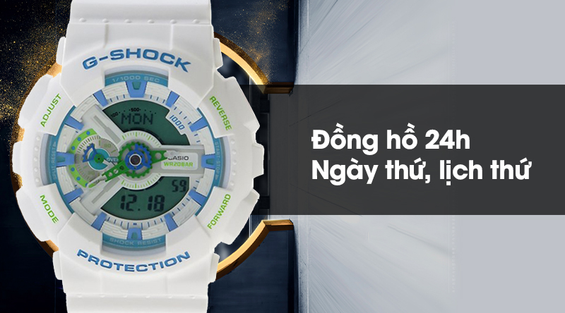 Đồng hồ nam G-Shock GA-110WG-7ADR có các tính năng lịch ngày, lịch thứ và định dạng 24h Đồng hồ nam G-Shock GA-110WG-7ADR có các tính năng lịch ngày, lịch thứ và định dạng 24h