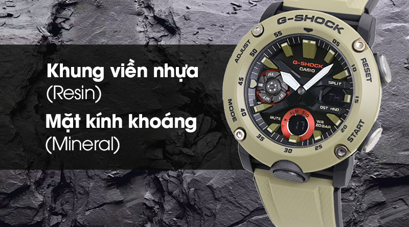 Đồng hồ nam G-Shock GA-2000-5ADR sở hữu mặt kính cứng cáp, khung viền nhựa Resin
