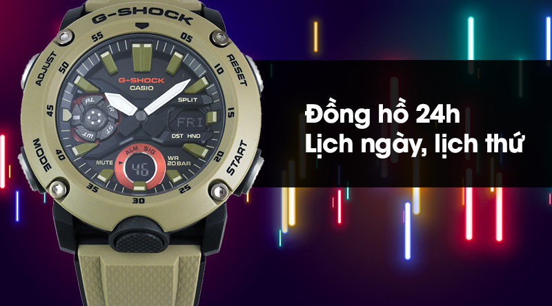 Đồng hồ nam G-Shock GA-2000-5ADR hữu ích hơn với các tính năng lịch ngày, lịch thứ và định dạng 24h
