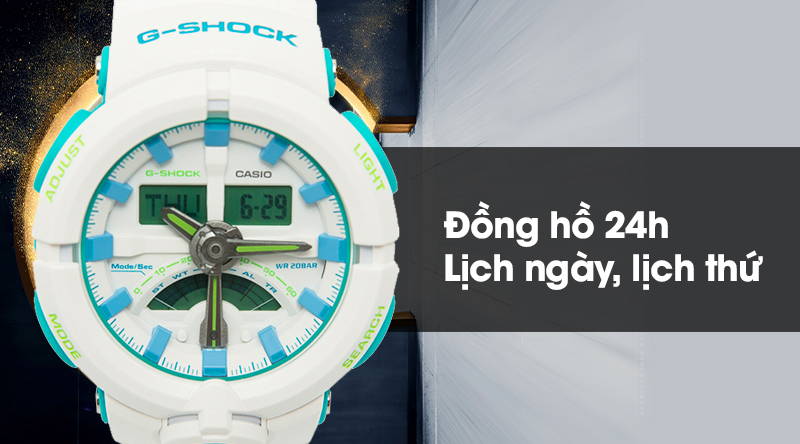 Đồng hồ Nam G-Shock GA-500WG-7ADR có nhiều tiện ích như lịch thứ, lịch ngày, định dạng 24h Đồng hồ Nam G-Shock GA-500WG-7ADR có nhiều tiện ích như lịch thứ, lịch ngày, định dạng 24h