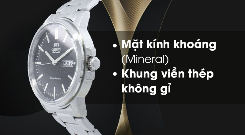 Đồng hồ nam Orient RA-AA0C01B19B có mặt kính cứng cáp, khung viền bền chắc