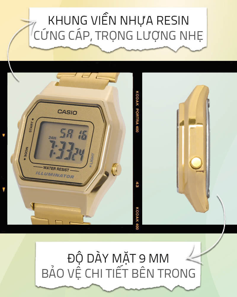 Đồng hồ Nữ Casio LA680WGA-9DF có lớp vỏ bền chắc