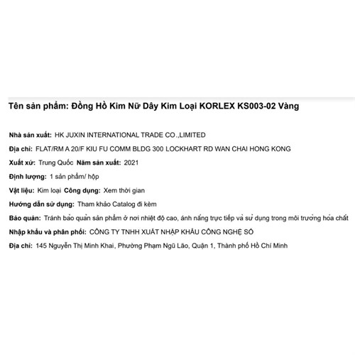Đồng hồ KORLEX 38.5 mm Nữ KS003-02 Màu Vàng