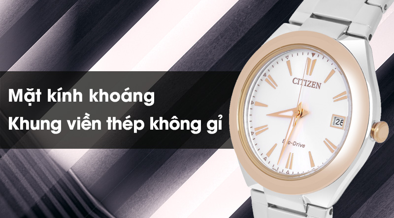 Đồng hồ đôi Citizen FE6024-55B/AW1374-51B có mặt kính trong suốt, khung viền chống ăn mòn