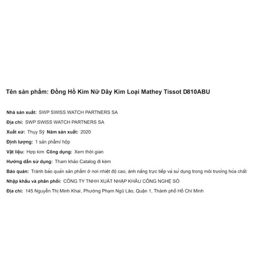 Đồng hồ MATHEY TISSOT Rolly III 30 mm Nữ D810ABU Màu Bạc