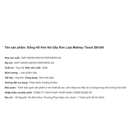 Đồng hồ MATHEY TISSOT 30 mm Nữ D810AI Màu Bạc