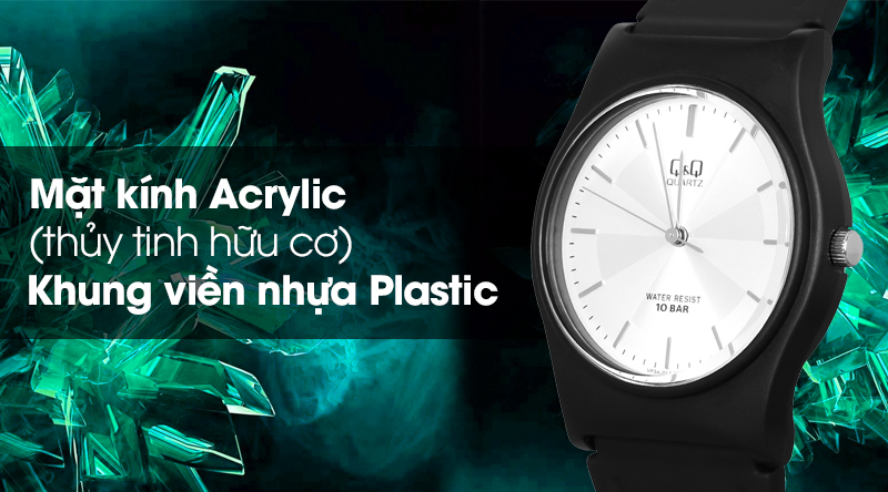 Đồng hồ nam Q&Q VP34J017Y có mặt kính trong suốt, khung viền nhựa chắc chắn