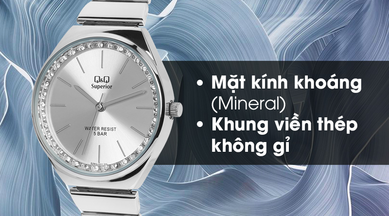 Đồng hồ nữ Q&Q S293J201Y có mặt kính bền bỉ, khung viền chống oxi hóa