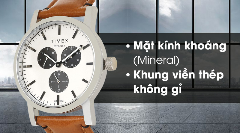 Đồng hồ nam Timex TWEG16605E có mặt kính trong suốt, khung viền bằng thép chống oxi hóa