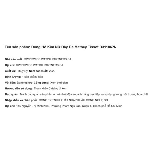 Đồng hồ MATHEY TISSOT City Leather 28 mm Nữ D31186PN Màu Đen