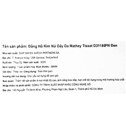 Đồng hồ MATHEY TISSOT City Leather 28 mm Nữ D31186PN Màu Đen