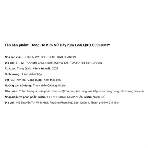 Đồng hồ Q&Q 30 mm Nữ S399J001Y Màu Vàng