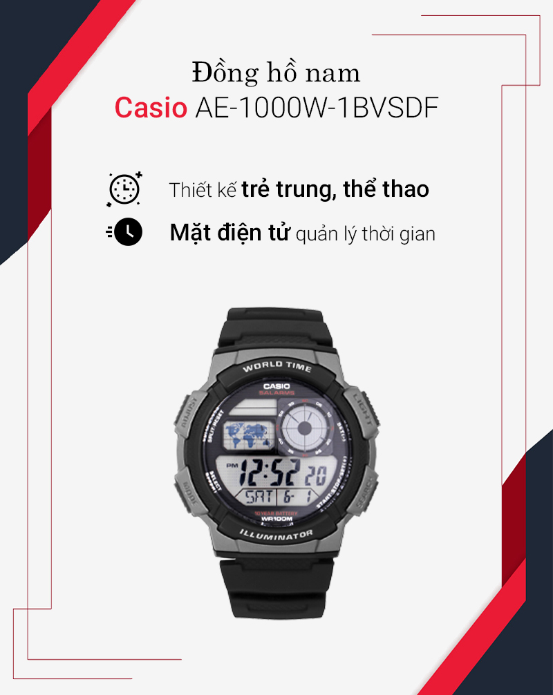 Tổng quan Đồng hồ Casio AE-1000W-1BVSDF - Nam Tổng quan Đồng hồ Casio AE-1000W-1BVSDF - Nam