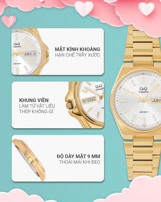Đồng hồ nữ Q&Q S397J001Y có khung viền bền bỉ, chống ăn mòn Đồng hồ nữ Q&Q S397J001Y có khung viền bền bỉ, chống ăn mòn