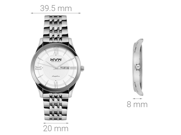 Đồng hồ MVW 39.5 mm Nam MS068-02 Màu Bạc