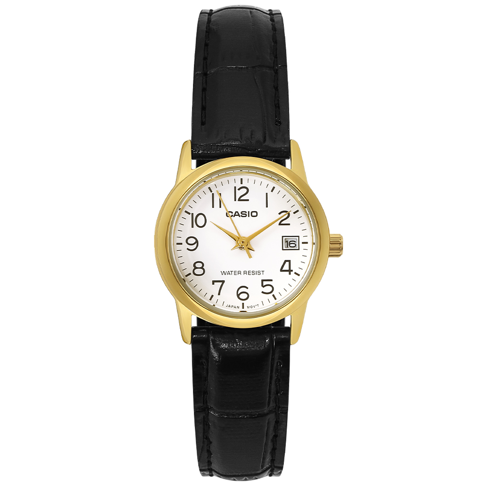 Casio LTP-V002Gl-7B Orologio Donna Quarz Giapponese – Cassa Acciaio Oro E Cinturino Pelle Nera, 25mm