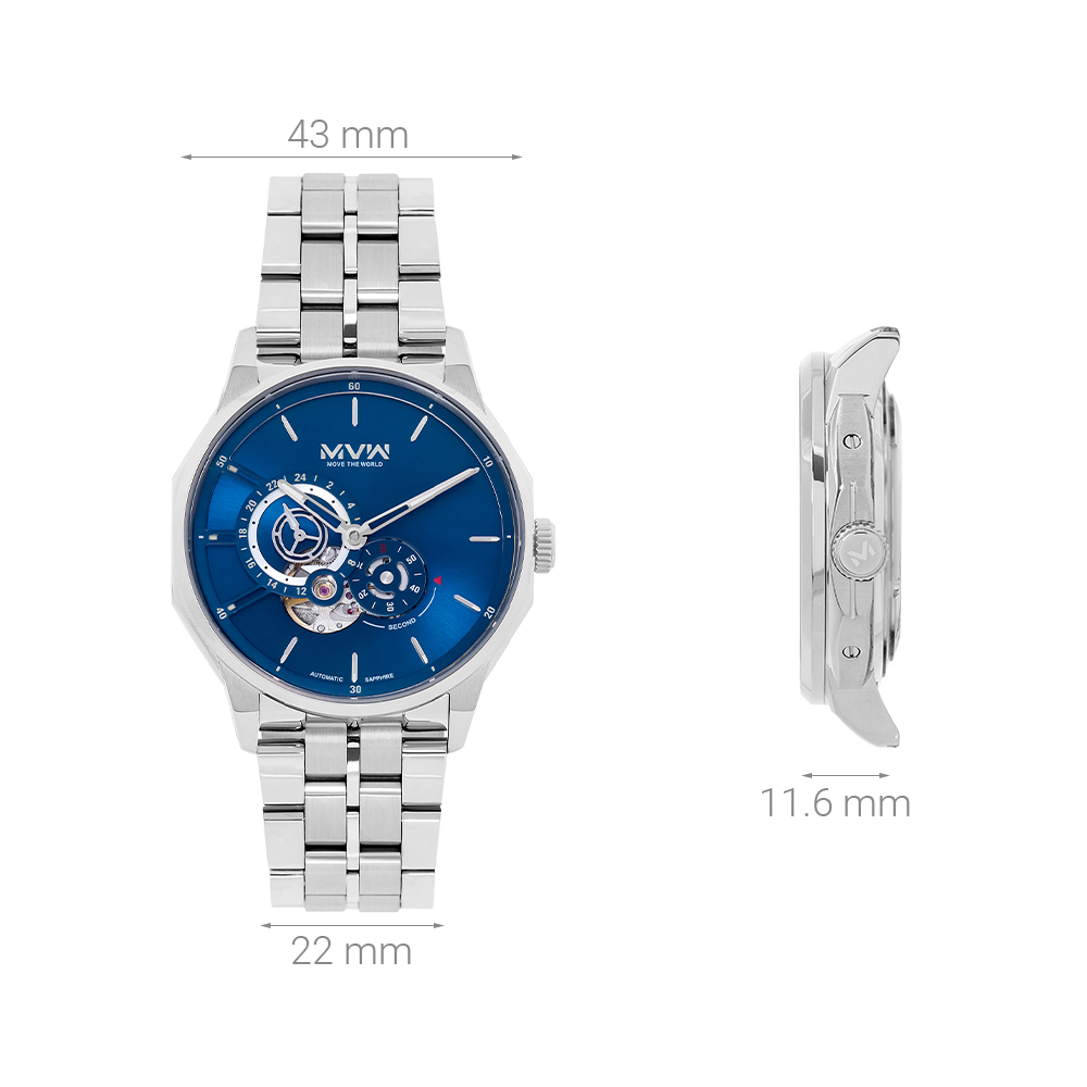 Đồng hồ MVW Star 43 mm Nam MSA090-01-S1 Màu Bạc