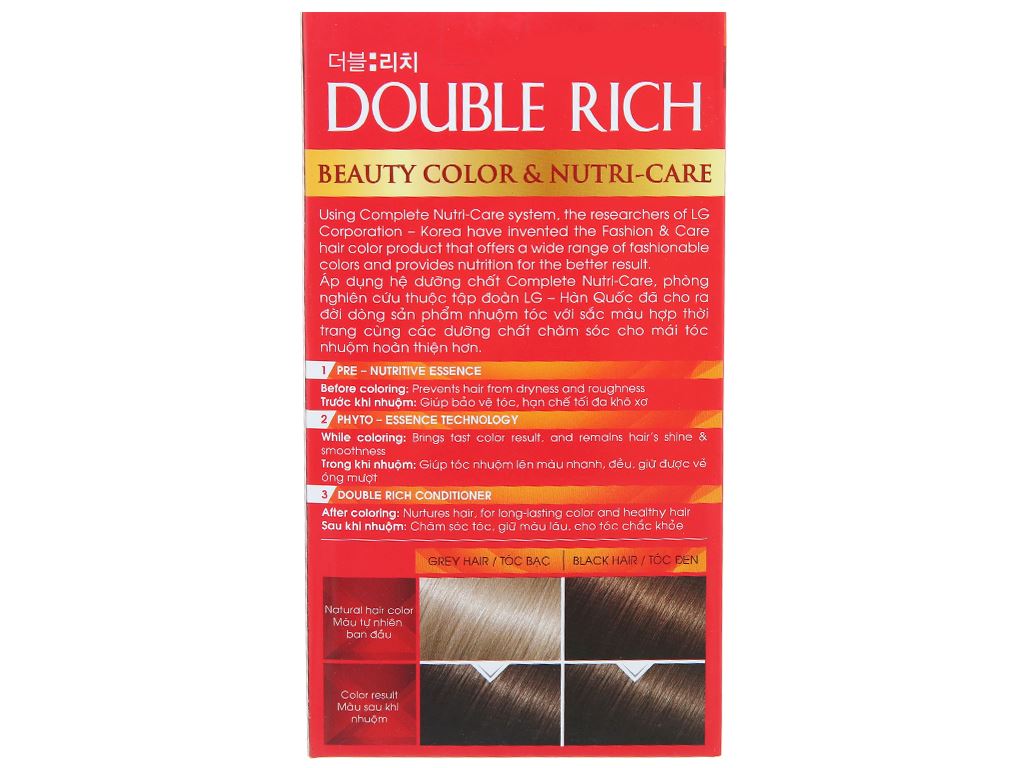 Với Nhuộm tóc Double Rich màu đen, bạn sẽ có được một màu đen tuyền đẹp mê hồn cho mái tóc của mình. Công thức đặc biệt giúp duy trì màu sắc lâu dài mà không gây hại cho tóc. Hãy xem ảnh để cảm nhận được sự thay đổi tuyệt vời này!