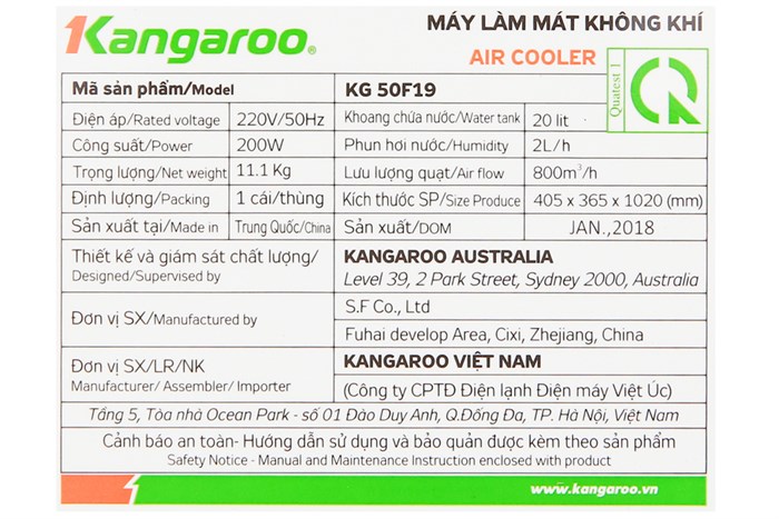 Quạt điều hòa Kangaroo KG50F19 200W Màu Trắng - Đen