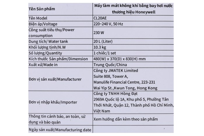 Quạt điều hòa Honeywell CL20AE 230W Màu Trắng
