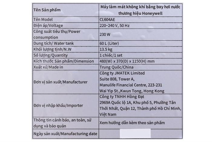 Quạt điều hòa Honeywell CL604AE 230W Màu Trắng