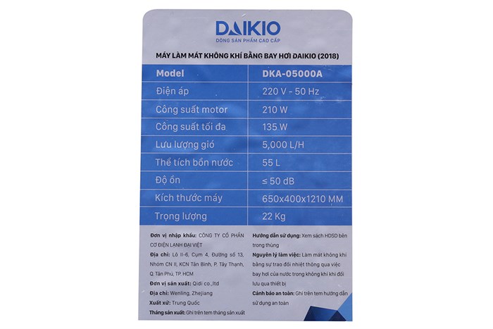 Quạt điều hòa Daikio DKA-05000A 210W Màu Trắng