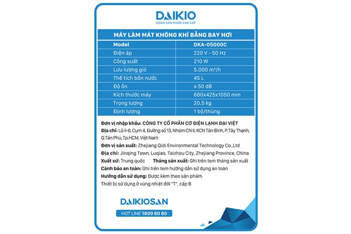Quạt điều hòa Daikio DKA-05000C 210W Màu Trắng