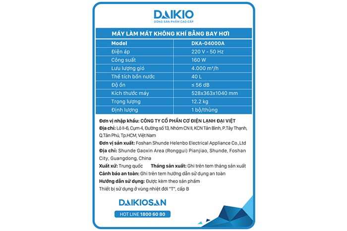 Quạt điều hòa Daikio DKA-04000A 160W Màu Trắng - Xanh