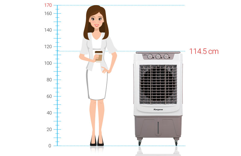 Cao 114.5 cm, kích cỡ lớn, có bánh xe di chuyển dễ dàng - Quạt điều hoà Kangaroo KG50F66