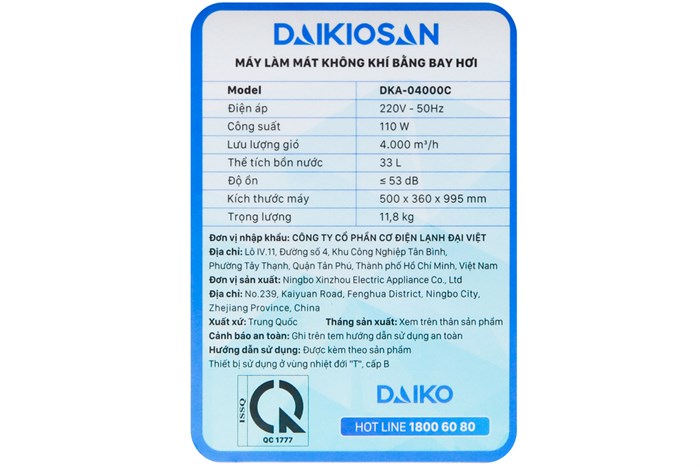 Quạt điều hoà Daikiosan DKA-04000C 110W Màu Trắng - Xanh