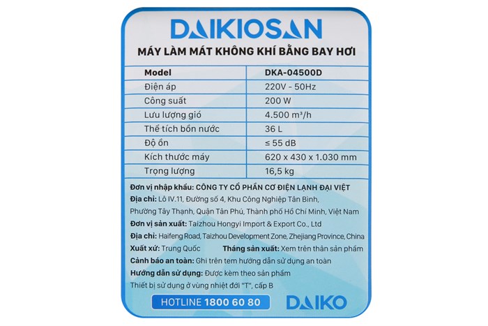 Quạt điều hoà Daikiosan DKA-04500D 200W Màu Trắng - Xanh