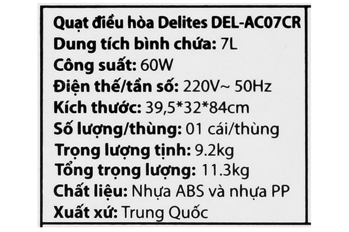 Quạt điều hòa Delites DEL-AC07CR 60W Màu Xám