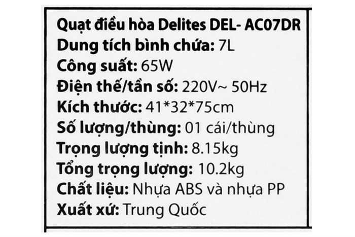 Quạt điều hòa Delites DEL-AC07DR 65W Màu Trắng - Xám