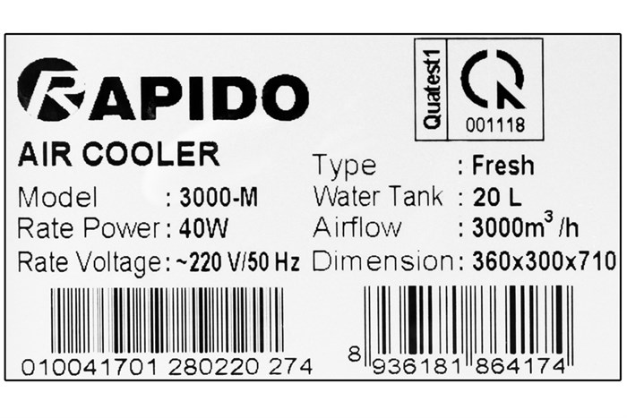 Quạt điều hòa không khí Rapido 3000M 40W Màu Trắng