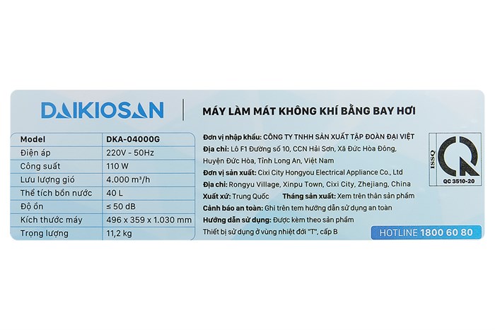 Quạt điều hòa Daikiosan DKA-04000G 110W Màu Trắng - Xanh