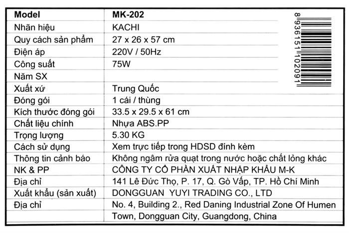 Quạt điều hòa Kachi MK-202 75W Màu Trắng - Đen