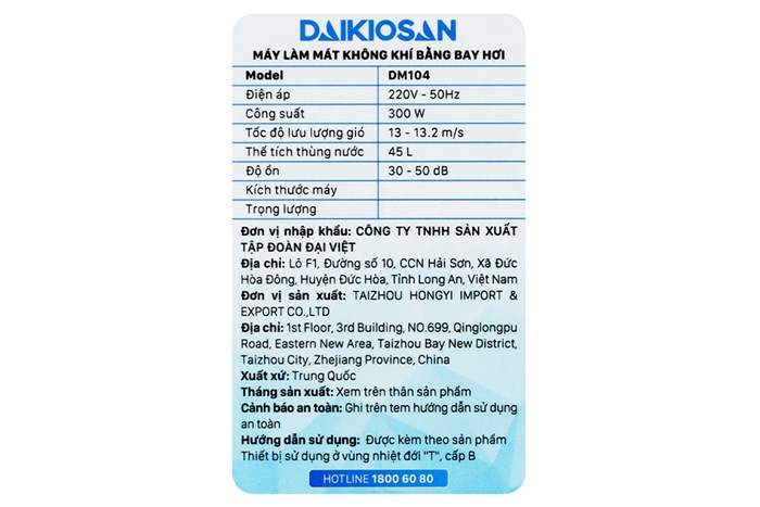 Quạt điều hoà Daikiosan DM104 300W Màu Trắng - Xám
