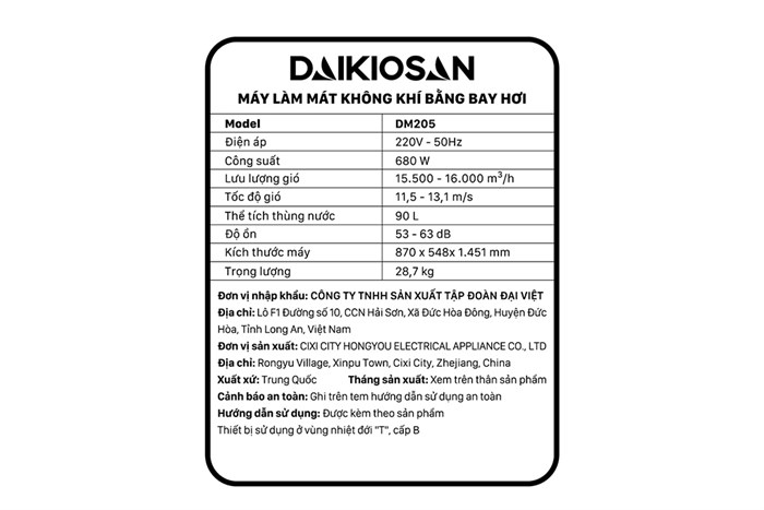 Quạt điều hoà Daikiosan DM205 680W Màu Trắng - Đen