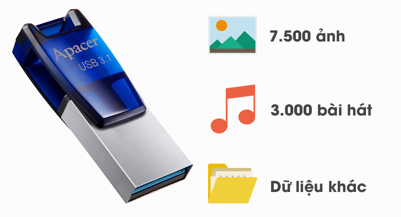 USB OTG 3.1 16GB Apacer AH179 - Dung lượng 16 GB giúp giải phóng bộ nhớ cho điện thoại USB OTG 3.1 16GB Apacer AH179 - Dung lượng 16 GB giúp giải phóng bộ nhớ cho điện thoại