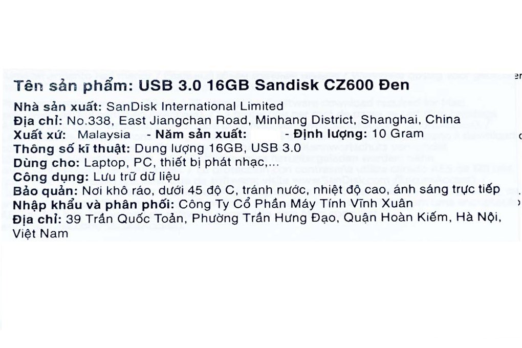 USB 3.0 16GB Sandisk CZ600 Màu Đen