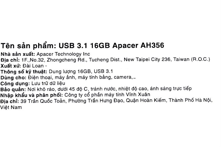 USB 3.1 16GB Apacer AH356 Màu Xanh Dương