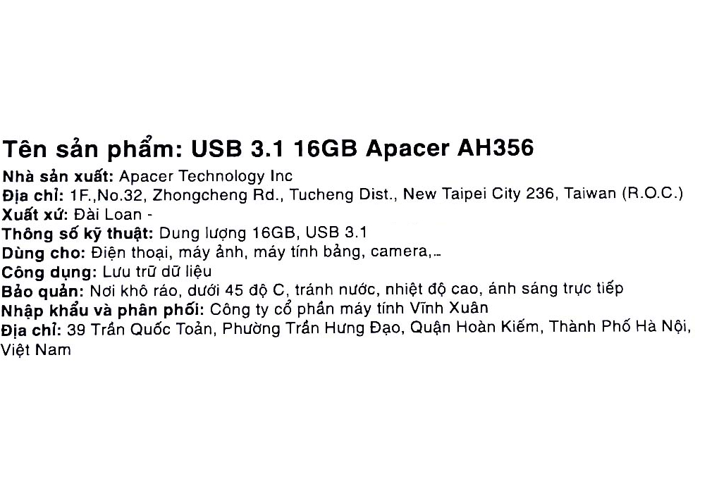 USB 3.1 16GB Apacer AH356 Màu Xanh Dương