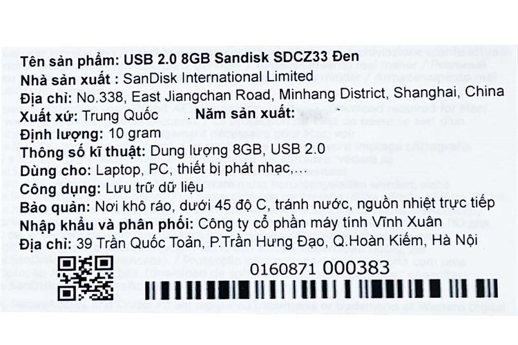 USB 2.0 8GB Sandisk SDCZ33 Màu Đen