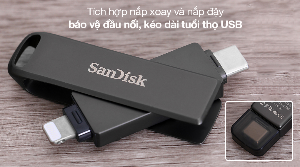 USB OTG 3.1 128GB Dual Lighting Type C Sandisk SDIX70N Đen - Tăng tuổi thọ cho đầu cắm với nắp bảo vệ kép