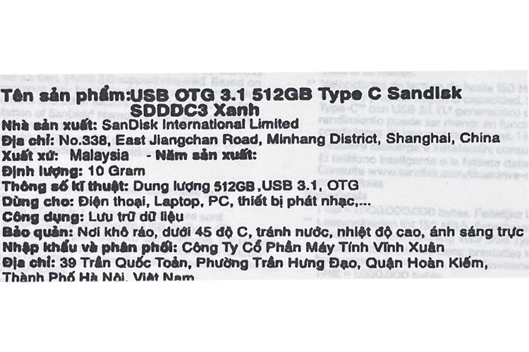 USB OTG 3.1 512GB Type C Sandisk SDDDC3 Màu Xanh Dương