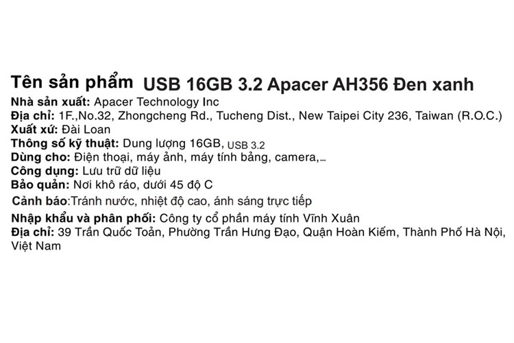 USB 3.2 16GB Apacer AH356 Màu Đen Xanh