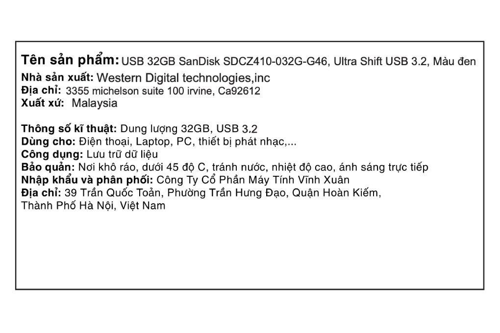 USB 3.2 32GB Sandisk CZ410 Màu Đen